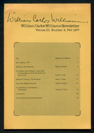 Item #572367 William Carlos Williams Newsletter – Vol. III, No. 2, Fall 1977. William Carlos...