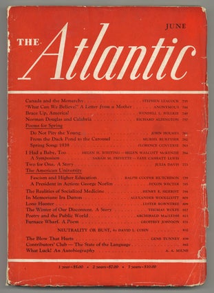 Item #578145 The Atlantic Monthly. June 1939. Thomas WOLFE, Stephen Leacock, Alexander Woollcott,...