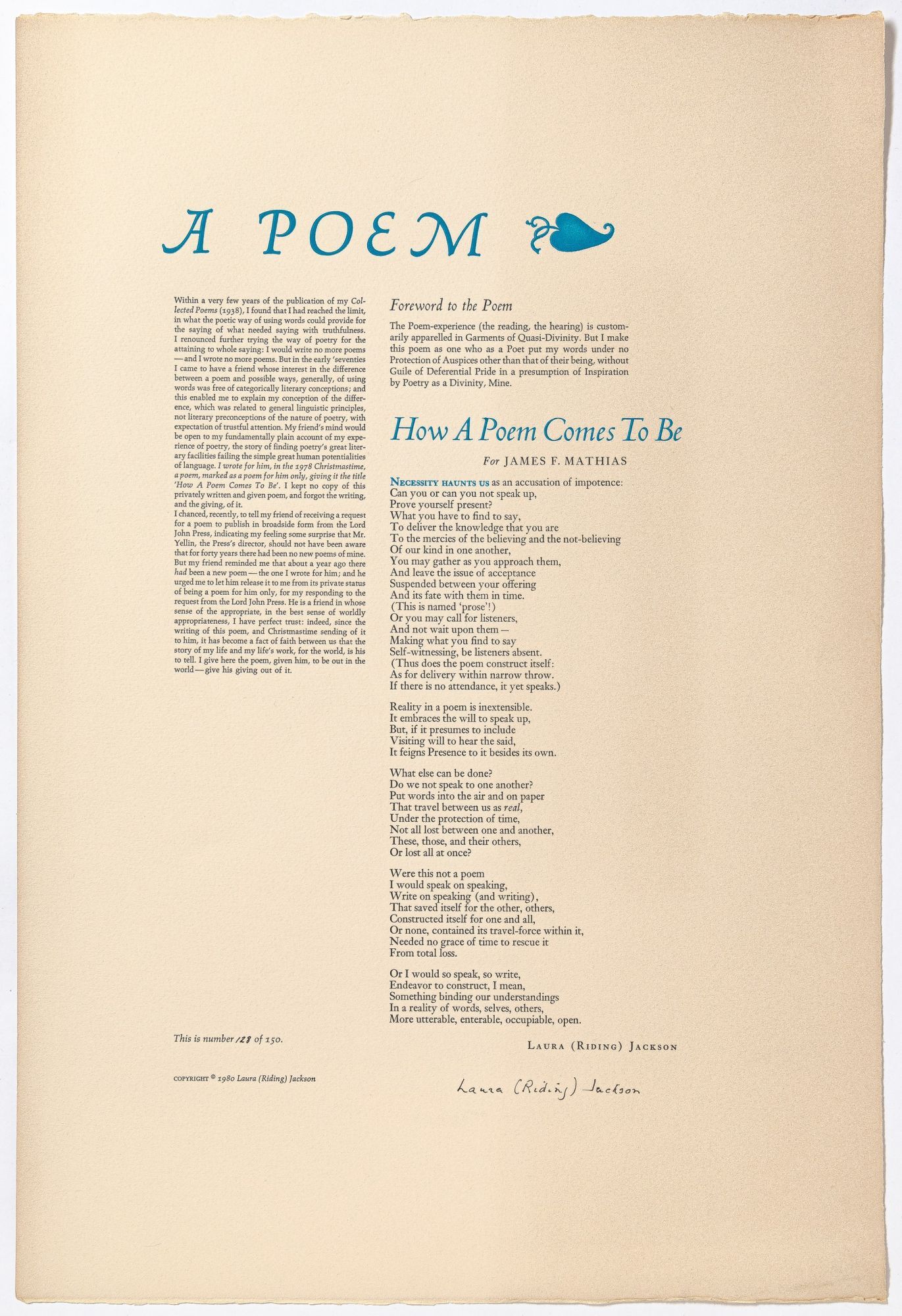Broadside : A Poem / How A Poem Comes To Be | Laura JACKSON, Riding