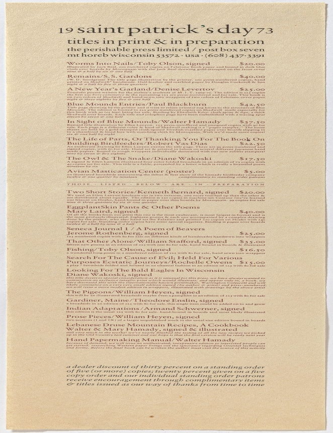 Broadside]: Titles in Print & in Preparation: Saint Patrick's Day 1973. The Perishable Press Limited.