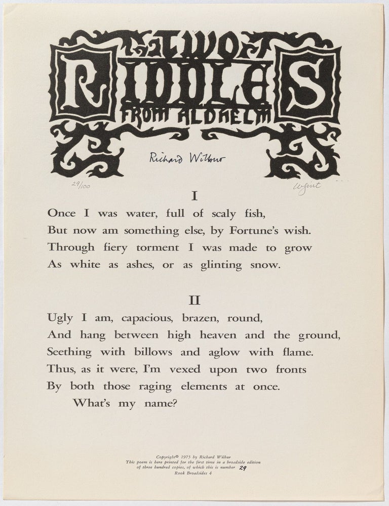 Item #578639 [Broadside]: Two Riddles from Aldhelm. Richard WILBUR.