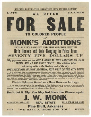 Item #578793 [Broadside]: We Offer For Sale to Colored People in Monk’s Additions Pine...