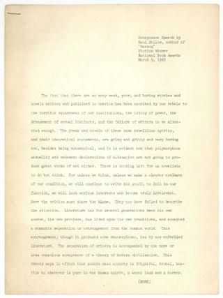 Item #579254 Acceptance Speech by Saul Bellow, author of "Herzog" Fiction Winner National Book...