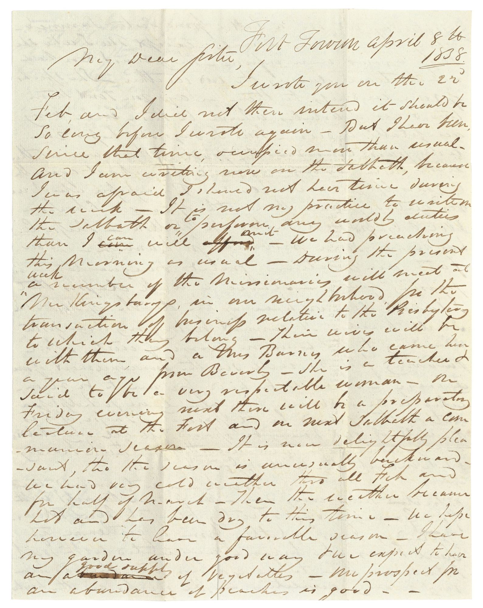 An 1838 Letter by Josiah H. Vose, Commanding Officer of Fort Towson ...
