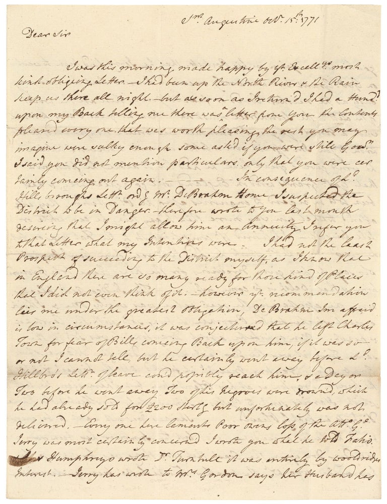A 1771 Letter to &ldquo;Yr. Excelly&rdquo; John Moultrie, Acting Governor of British East Florida