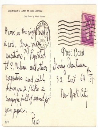 Autograph Postcard Signed ("Pow") to Irving Drutman. Dawn POWELL.