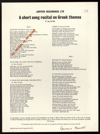 Broadsheet]: A short song recital on Greek Themes. Jupiter Recordings Ltd. Lawrence DURRELL.