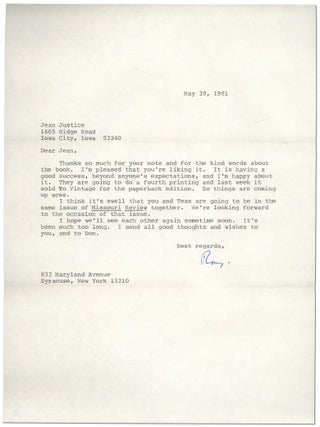 Typed Letter Signed to Jean Justice, wife of poet Donald Justice. Raymond CARVER.