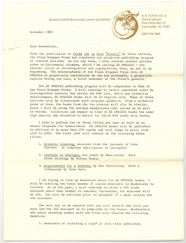 Item #597801 Signed Printed Letter from Ex Ophidia Press Advertising Titles in Preparation. Richard-Gabriel RUMMONDS, printer and proprietor.