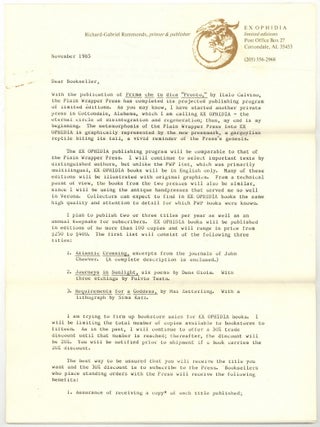 Signed Printed Letter from Ex Ophidia Press Advertising Titles in Preparation. Richard-Gabriel RUMMONDS, printer and proprietor.