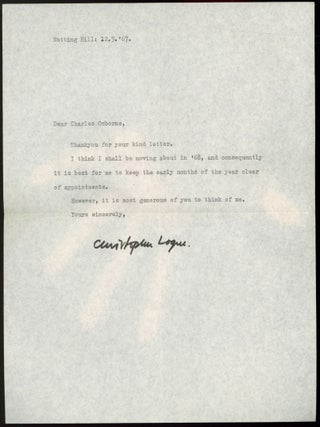 1967 Typed Note Signed. Christopher LOGUE.