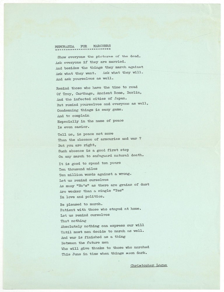 Small Broadside]: Memoranda for Marchers. Christopher LOGUE.