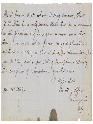 Item #598092 An 1862 Manuscript Certificate of Exemption from Military Duty issued under the...