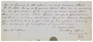 Item #598092 An 1862 Manuscript Certificate of Exemption from Military Duty issued under the...