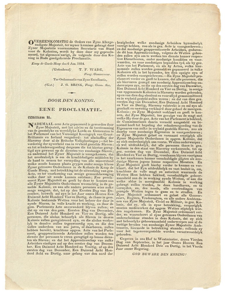 Broadside]: Door den Koning. Eene proclamatie. William R... [Concerning the Abolition of Slavery. William IV.