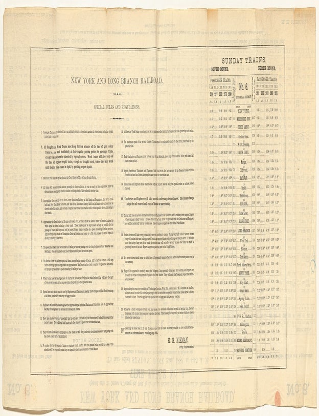Item #600429 [Broadside, caption title]: New York and Long Branch Railroad... Time Table No. 6. To Take effect SUNDAY, JUNE 24, 1883, at 4.45 A. M. This Schedule is intended for the Government and Information of Employes [sic] only. H. H. NIEMAN, acting superintendent.