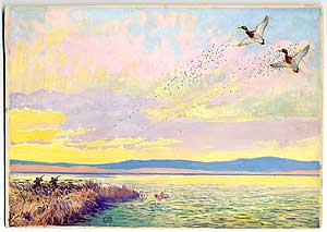 Item #60120 Original Signed Duck-Hunting Painting: Two Hunters Firing on Two Mallards in Flight. Lynn Bogue HUNT.