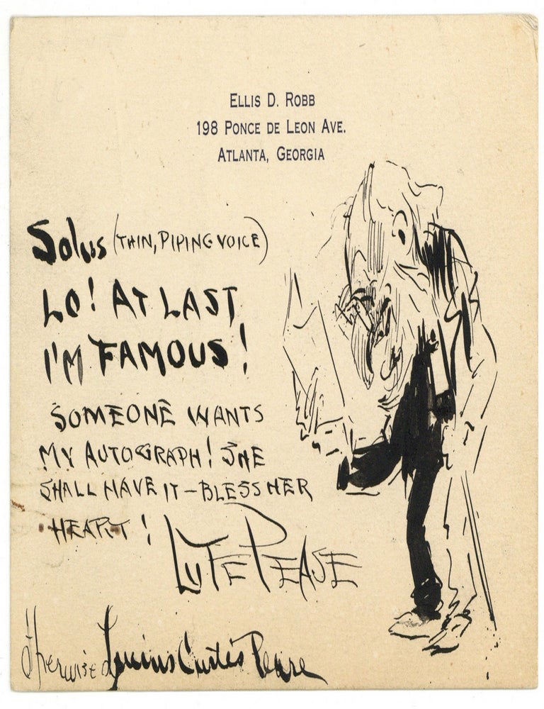 Item #602329 Autograph Post Card with Drawing by Lute Pease. Lute PEASE, Lucius Curtis Pease.