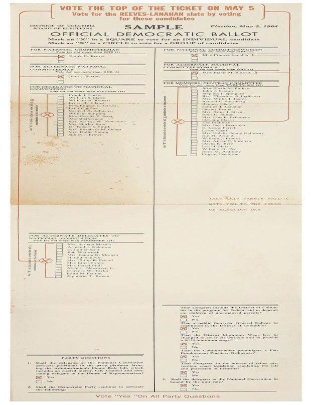 Item #602731 [Broadside]: 1964 Sample Ballot Washington DC National Committee. Frank D. REEVES, Mrs. Frances Lanahan.