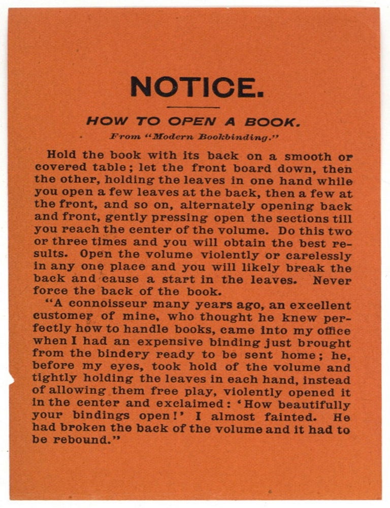 Item #603502 [Small Handbill]: Notice. How to Open a Book. William MATTHEWS.