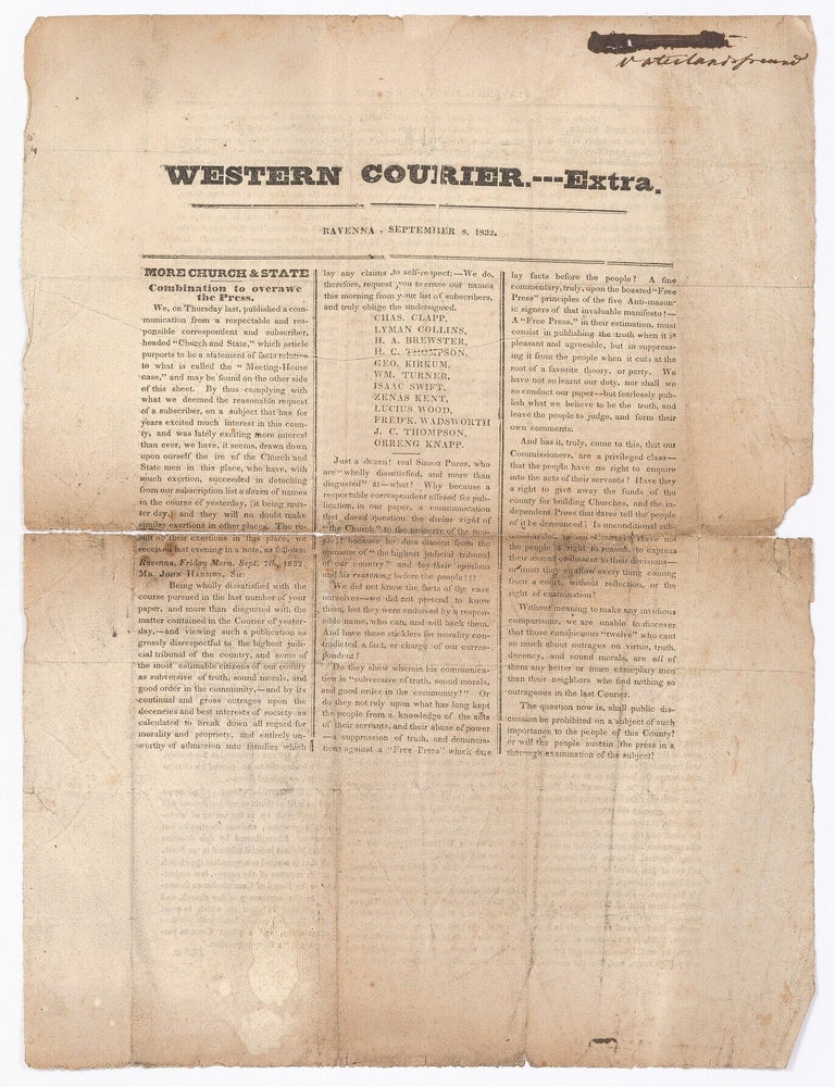 Broadside newspaper extra]: Western Courier. Extra. Ravenna, [Ohio
