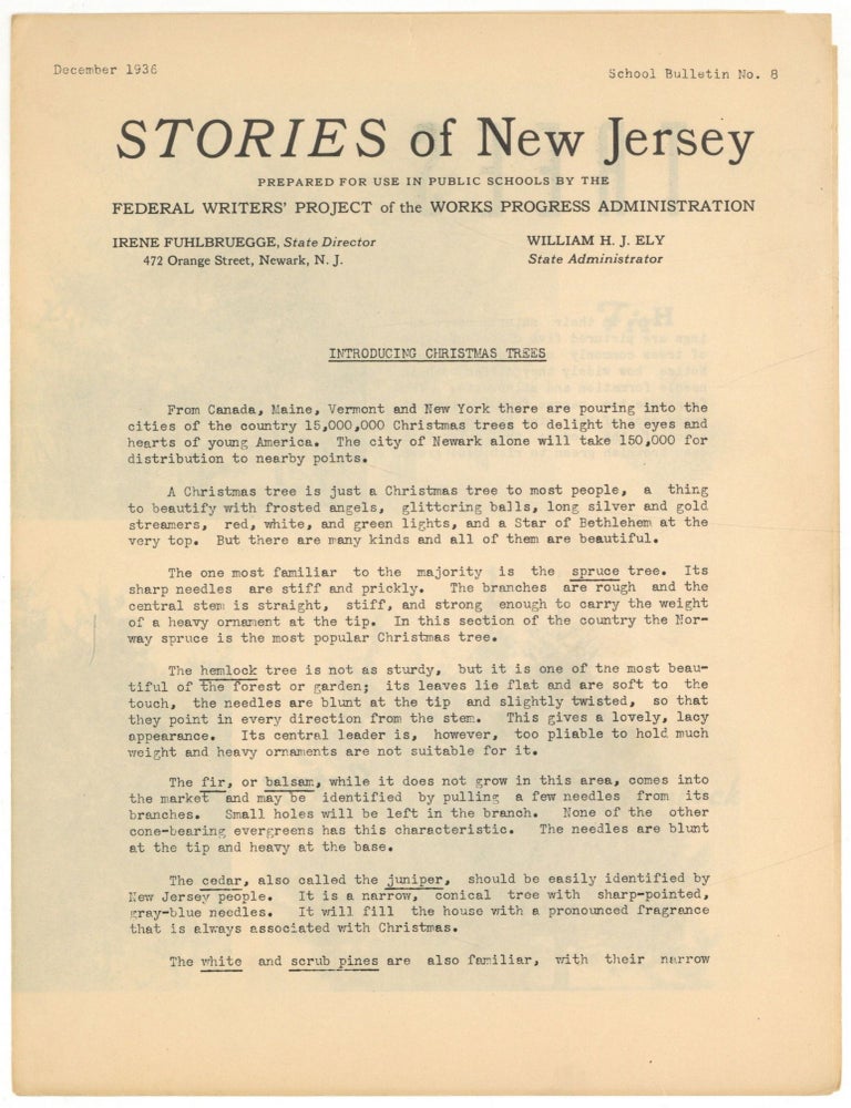 Item #605598 Introducing Christmas Trees [issued as] Stories of New Jersey &ndash; School Bulletin No. 8, December 1936. Prepared for Use in Public Schools by the Federal Writers' Project of the Works Progress Administration