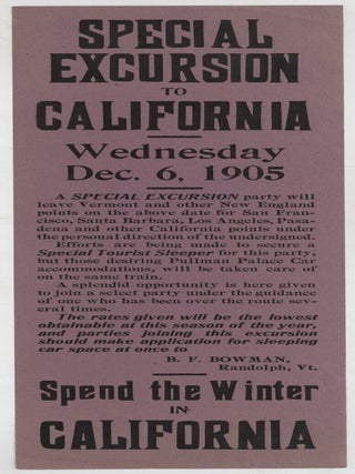 Item #605652 [Broadside]: Special Excursion to California. Wednesday Dec. 6, 1905. A SPECIAL...