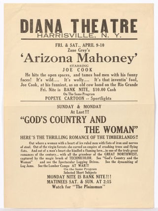 Item #606022 [Broadside]: Diana Theatre, Harrisville, N.Y... Zane Grey's Arizona Mahoney,...