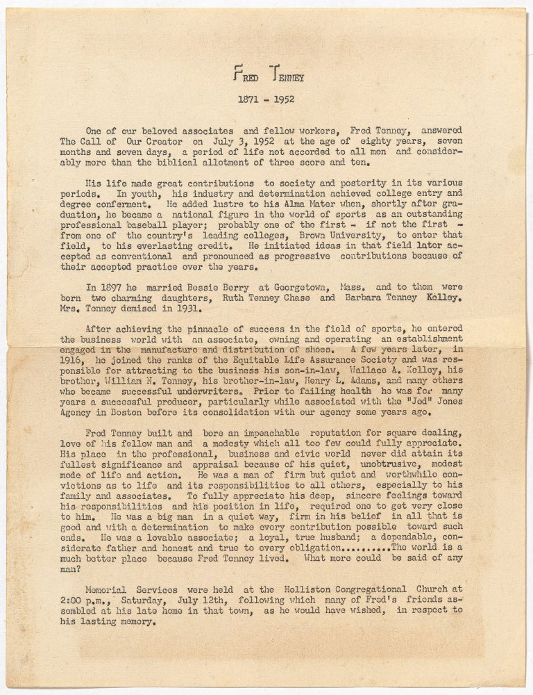 Item #606732 Death notice of baseball played Fred Tenney
