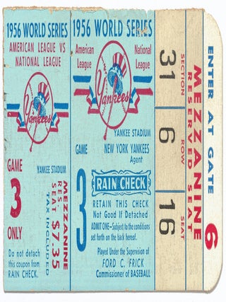 Item #606747 [Baseball ticket stub]: 1956 World Series game 3, New York Yankees vs. Brooklyn Dodgers