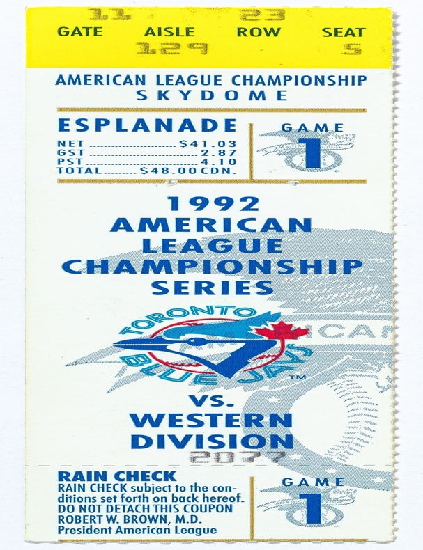 Item #606869 [Baseball ticket stub]: 1992 American League Championship, game 1, Toronto Blue Jays vs. Oakland Athletics