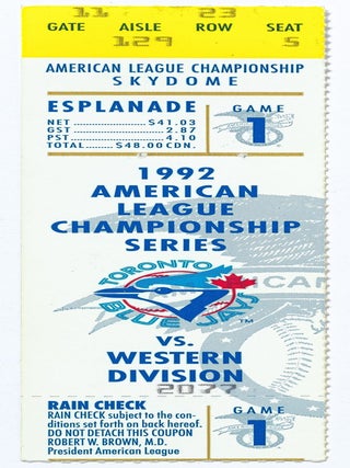 Item #606869 [Baseball ticket stub]: 1992 American League Championship, game 1, Toronto Blue Jays...