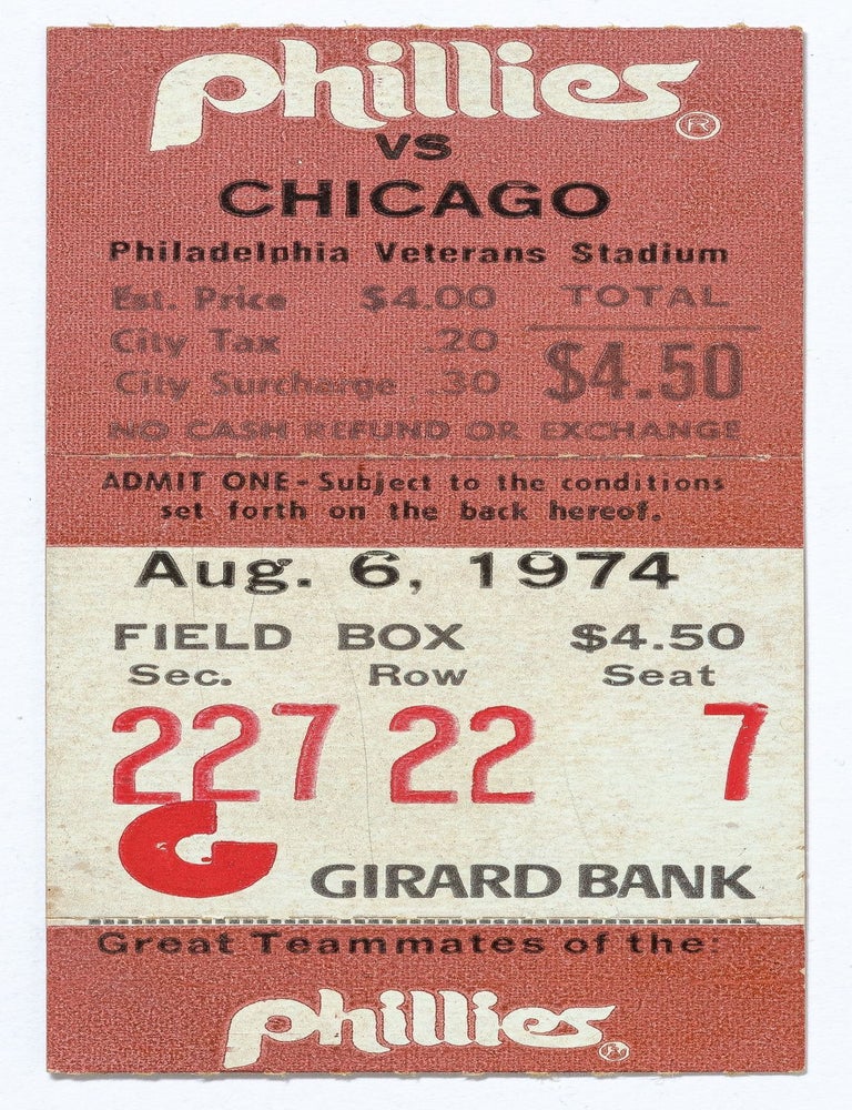 Item #606905 [Baseball ticket stub]: Philadelphia Phillies vs. Chicago Cubs, August 6, 1974