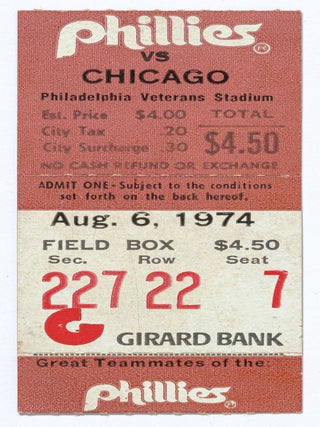 Item #606905 [Baseball ticket stub]: Philadelphia Phillies vs. Chicago Cubs, August 6, 1974