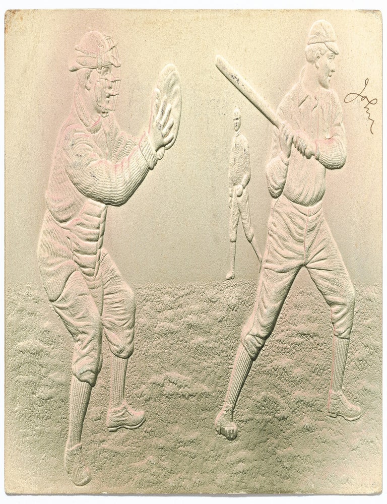 Item #607041 [Baseball postcard]: Embossed postcard of a catcher and batter