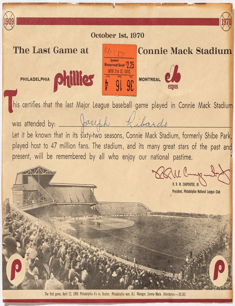 Item #607137 Connie Mack Stadium final game certificate and ticket stub