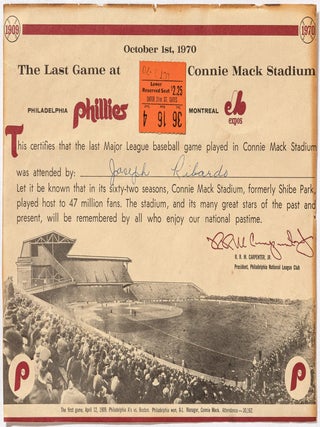 Item #607137 Connie Mack Stadium final game certificate and ticket stub
