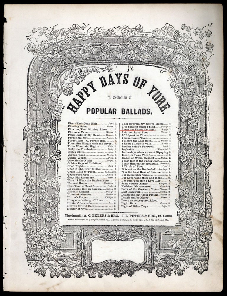 Item #608207 [Sheet music]: I Cannot Dance Tonight [from] Happy Days of Yore: A Collection of Popular Ballads. Thomas H. BAYLY, words by, music by Mrs. T. H. Bayly.