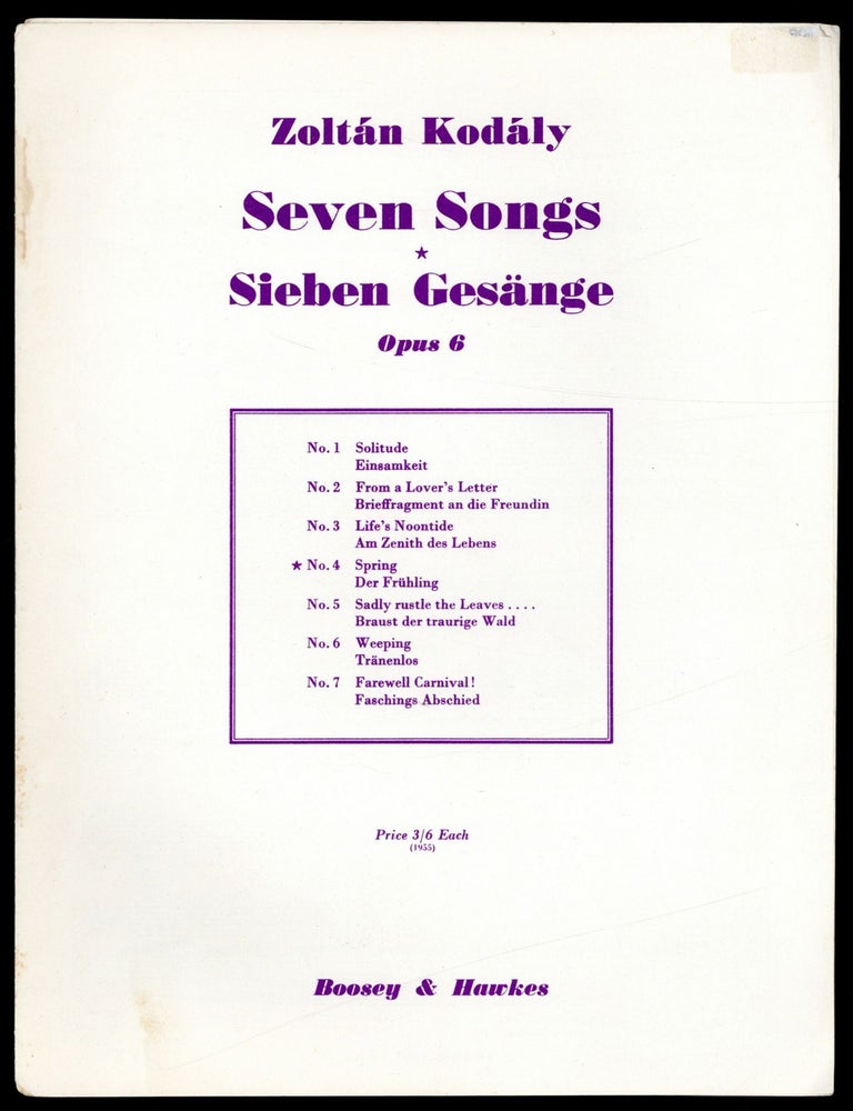 Item #608413 [Sheet music]: Spring (Der Fr&uuml;hling). words by BERZSENYI, music by Zolt&aacute;n Kod&aacute;ly, D&aacute;niel.