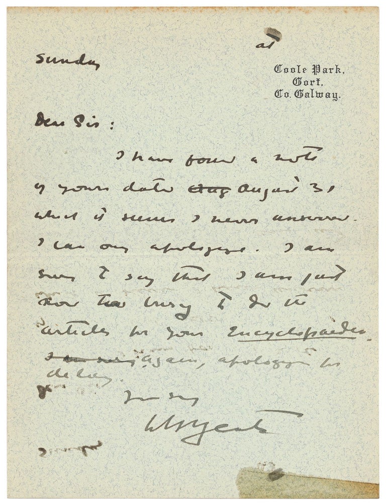 Brief Autograph Note Signed ("W.B. Yeats&quot. W. B YEATS.