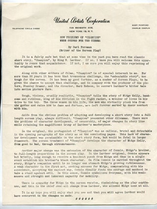 Item #609764 [Typed Letter]: How Problems of "Champion" Were Solved for the Cinema....