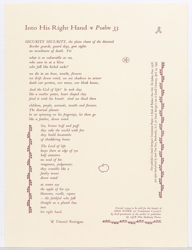 Item #610408 [Broadside]: Into His Right Hand. Psalm 33. Daniel BERRIGAN.