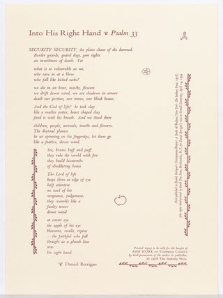 Item #610408 [Broadside]: Into His Right Hand. Psalm 33. Daniel BERRIGAN