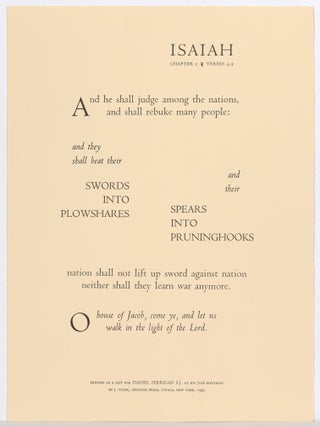 Item #610409 [Broadside]: Isaiah Chapter 2, Verses 4-5. Book of ISAIAH. Daniel Berrigan, James Tyler