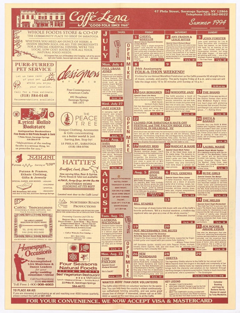 Item #610484 Promotional Flyer for Caffe Lena, Saratoga Springs, Signed by Ned Rorem. Ned ROREM.