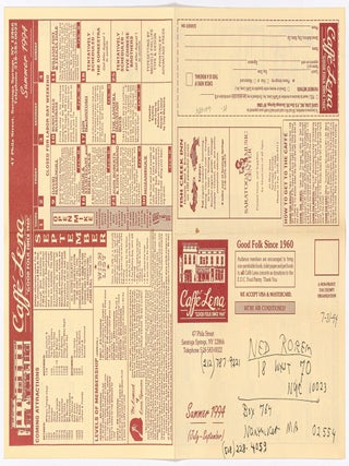 Promotional Flyer for Caffe Lena, Saratoga Springs, Signed by Ned Rorem