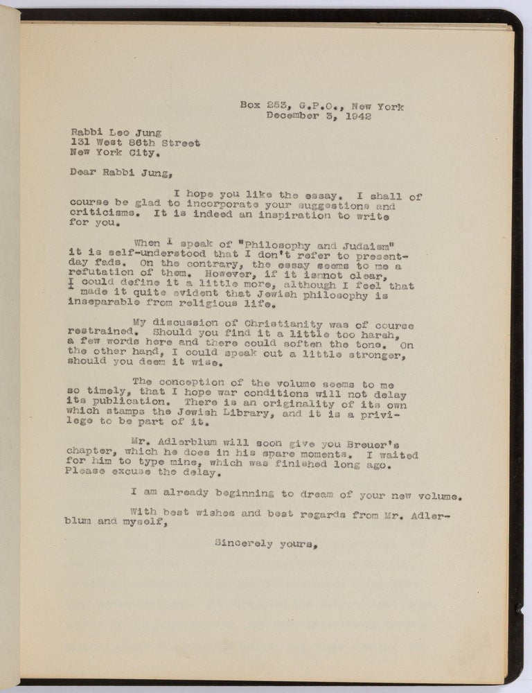Item #611483 [Carbon Typescript]: A Jewish Perspective of Gersonides the Radical Medieval Philosopher. Nima H. ADLERBLUM, Rabbi Leo Jung.