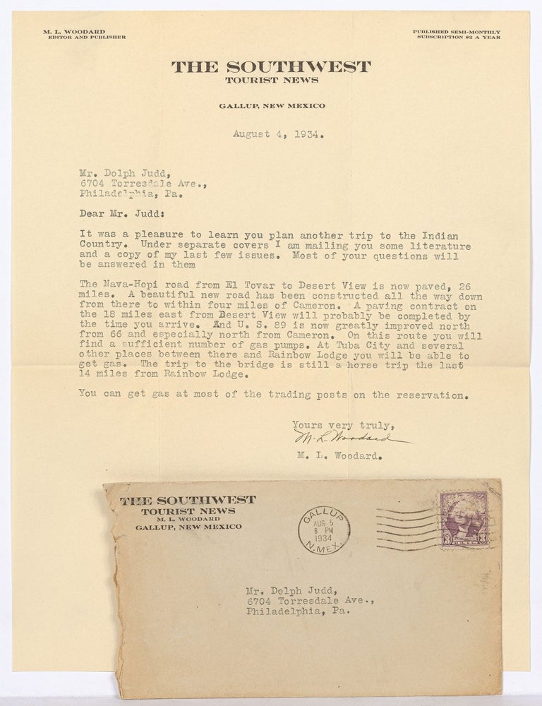 Item #612961 1934 Typed Letter Signed Giving Information on Automobile Travel during "a trip to the Indian Country". M. L. WOODARD.