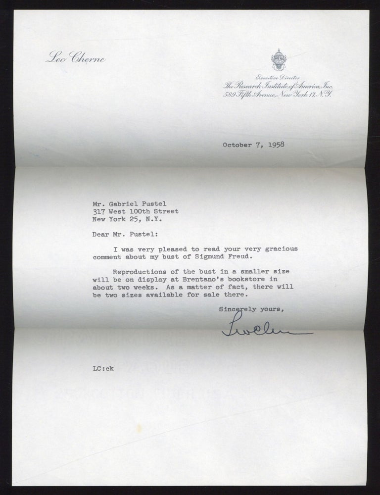 Item #613083 Typed Note Signed regarding his Bust of Sigmund Freud. Leo CHERNE.