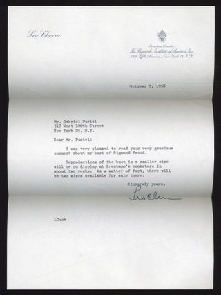 Item #613083 Typed Note Signed regarding his Bust of Sigmund Freud. Leo CHERNE